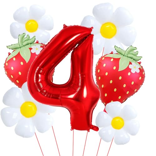 Strawberry Balloons 40 Inch Red Number 4 Balloons Strawberry Foil Balloon for Girl 4th Strawberry Themed Birthday Party Decorations Supplies