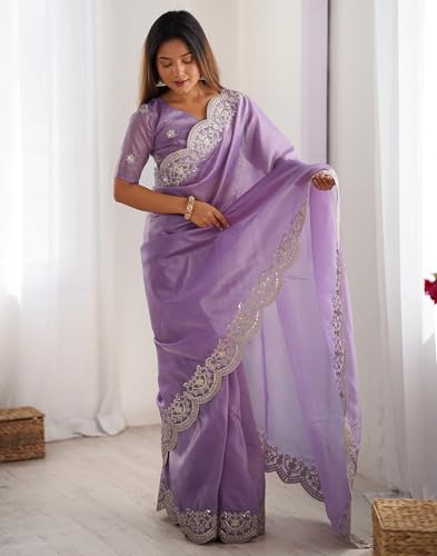 Image of SIRIL Women's Tissue Silk Sequence Embroidery Border Saree With Unstitched Blouse Piece