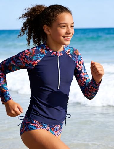 Image of Girls Rash Guard Swimsuits 2 Piece Half-Zip Long Sleeve Color Block Bathing Suits with Ruched Side Swimwear for 7-16Y