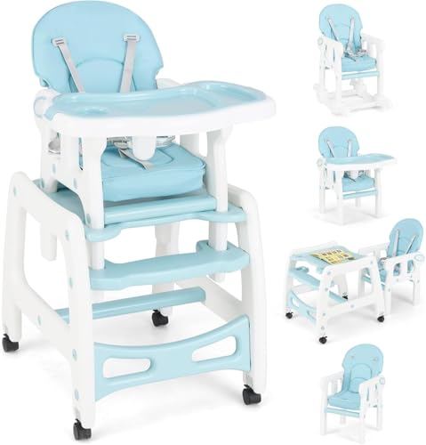 RELAX4LIFE 5 en 1 Trona Evolutiva Bebe con 4 Ruedas Bloqueables, Doble Bandeja Extraíble, Respaldo Ajustable y Cinturón de Seguridad, Trona Portátil para Niños de 6-36 Meses, Carga 20kg (Azul)
