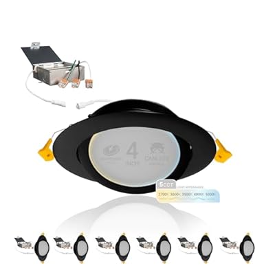 NUWATT Black 4 Inch Gimbal LED Recessed Lighting, 2700K/3000K/3500K/4000K/5000K Selectable, 630LM, Dimmable, Damp Rated, Adjustable Lens Canless Lights for Sloped Ceiling, Metal Junction Box, 6 Pack