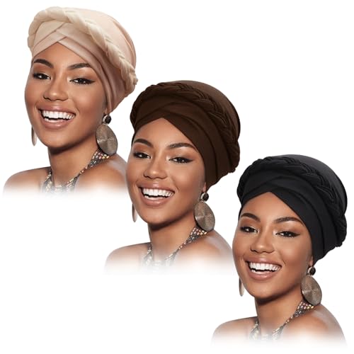 Image of DRESHOW Turban Pre-Tied Twisted Hat Thread African Head Wraps for Black Women Chemo Cancer Cap Braid Hair Cover