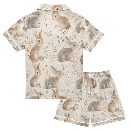 senya Rabbit and Floral Satin Summer Pajama Sets Silk Short Sleeve Button Down Sleepwear2