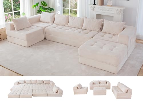 Image of MAXYOYO Modular Sectional Sofa Couch, Foldable U Shaped Cloud Couch with Pillows, Tufted 7-Seat Boneless Lounger Floor Sofa Bed for Living Room, No Assembly Required, Beige