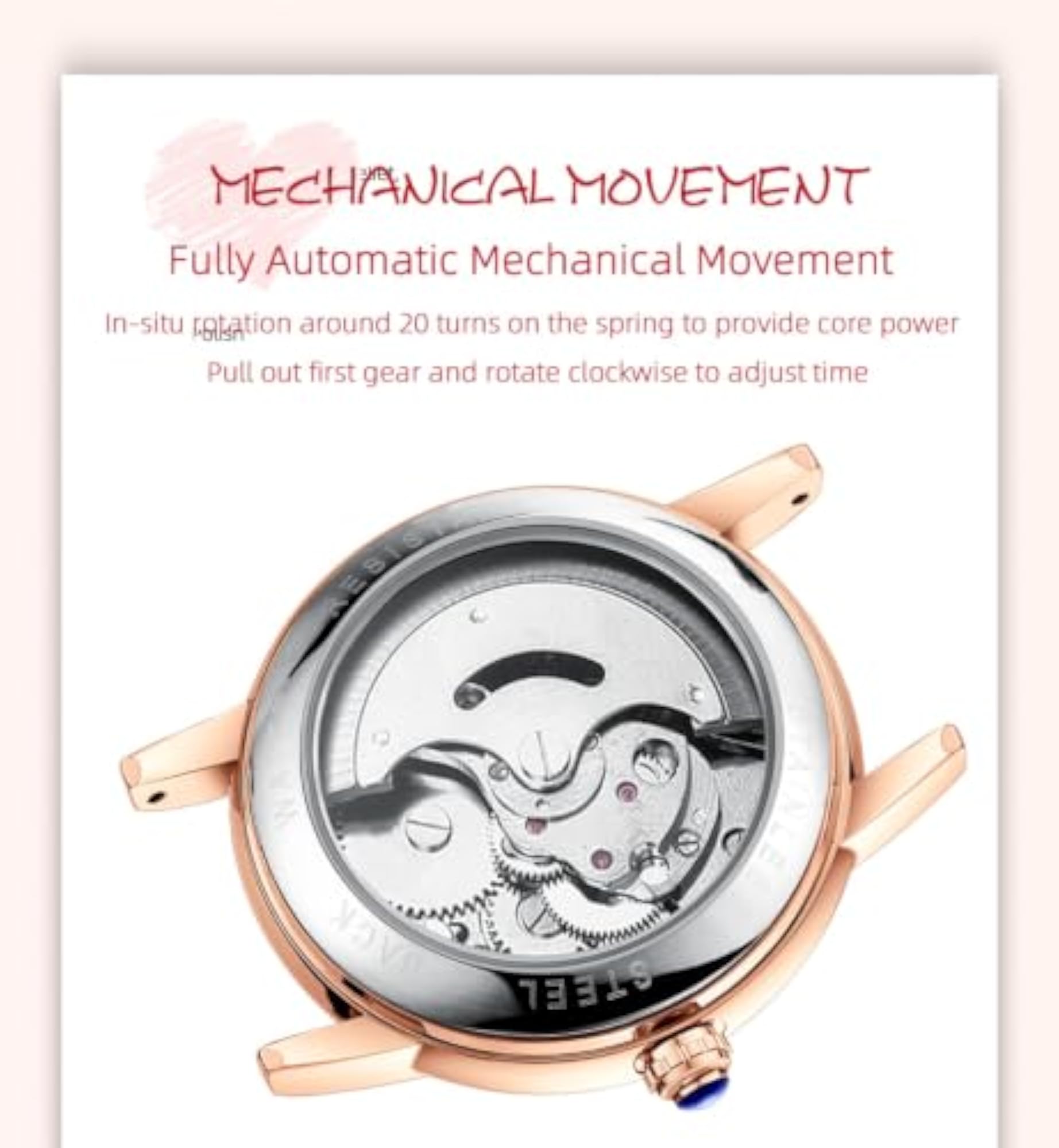 Women's Mechanical Watch with Roman Numerals, Waterproof