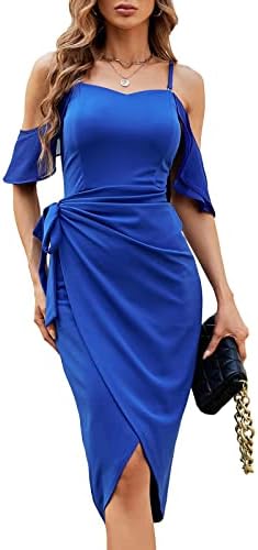 JASAMBAC Midi Dresses for Women Wedding Guest Elegant Ruffle Sleeve Wrap Ruched Bodycon Off Shoulder Cocktail Dress Royal Blue