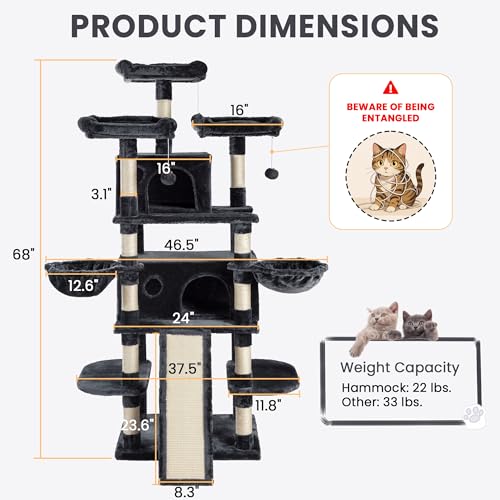 Image of SHA CERLIN 68 Inches Multi-Level Large Cat Tree for Large Kitties /Big Cat Tower with Condo /Cozy Plush Pussycat Perches /Sisal Scratching Posts and Hammocks /Activity Center /Dark Grey