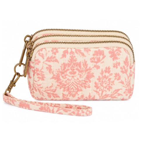 Image of Lorenz Quilted Floral Botanical Triple Zip Coin Purse with Wrist Strap, Women's Zip Coin & Card Holder, Compact Travel Purse, 12 x 8 x 5 cm (Pink)