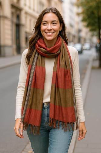 Women's Lightweight Scarf – Soft & Breathable Shawl Wrap – Natural Fabric, Versatile Travel Scarf – 70x180cm – Olive & Rust Color Block – Gift for Her2