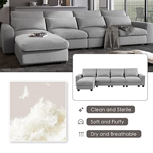 Kevinspace 129.9" L-Shaped Sofa Modern 3 Seat Upholstered Couch Reversible Sectional Sofa With Removable Ottomans Solid Wood Legs And Waist Pillows For Living Room, Bedroom, Light Gray #TOP5