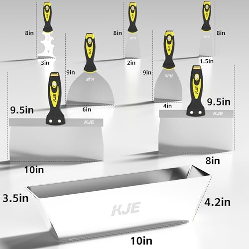 KJE 8PCS Drywall Tools, drywall knife set, drywall tool kit includes taping knives, putty knives, joint knives, and a mud pan, for Wall Work, espatulas para construccion - Thumbnail 2