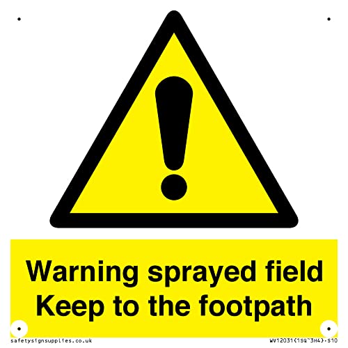 Warning sprayed field Keep to the footpath Sign - 100x100mm - S10, Yellow/White