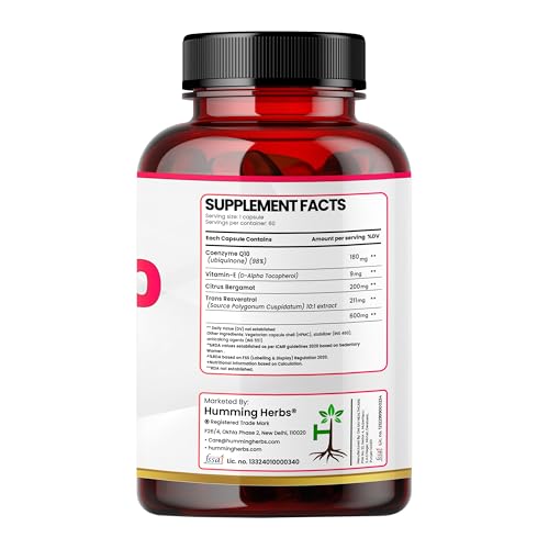 Image of Humming Herbs CoQ10 600mg Cellular Support Supplement with Resveratrol, Bergamot & Vitamin E - Heart Health & Energy Booster - Antioxidan 60 Caps