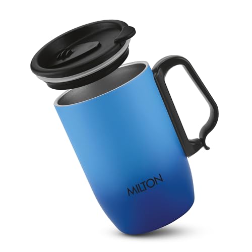 Image of MILTON Horizon Coffee Mug 350 Double Walled Non - Insulated | 350 ml Inner Stainless Steel Tea Mug with Lid & Handle | Hot & Cold | Travel Tea Cup |Black Coffee | Tea Cup Single|Light Blue & Dark Blue