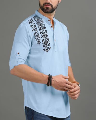 Image of FINIVO FASHION Men's Regular Fit Cotton Blend Kurta Shirt | Full Sleeve Ethnic Shirt with Mandarin Collar and Button Placket | Casual Kurta for Daily and Traditional Use