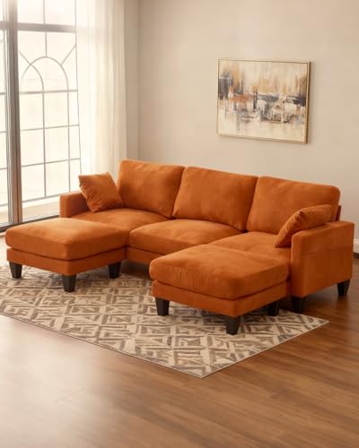 Image of Karl home 99.6 inch 3-Seat U-Shaped Sectional Sofa, Orange | Chenille Upholstered, 2 Movable Ottomans, Cloud-Like Seat, 2 Throw Pillows, Comfy Deep Seat, Living Room, Apartment, Office