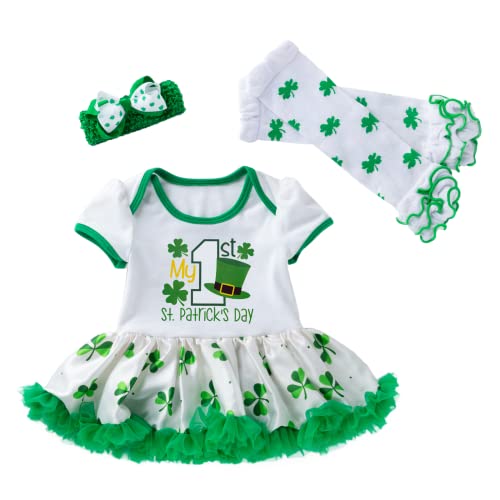 ACEHCEAR Baby Jungen Mädchen St. Patrick's Day Outfit Karneval Grün Kleeblätter Strampler Tutu Spitzenrock + Beinwärmer + Stirnband 3-6 Monate Grüne Mütze Cover