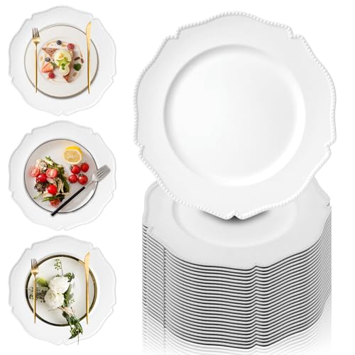 PROY 50 Pack White Charger Plates with Beaded Rim 13 Inch Round White Chargers for Dinner Plates Table Chargers for Table Setting Wedding