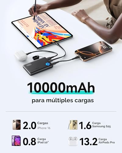 INIU Cargador portátil, ultra delgado de 45W de carga rápida con cable USB C adjunto, batería de power bank PD de 10000mAh segura para vuelos, powerbank esencial para teléfonos en viajes para iPhone