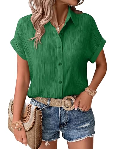 Zeagoo Womens Button Down Shirts Casual Short Sleeve Dress Shirt Textured Collared Summer Clothes Work Blouse Evergreen