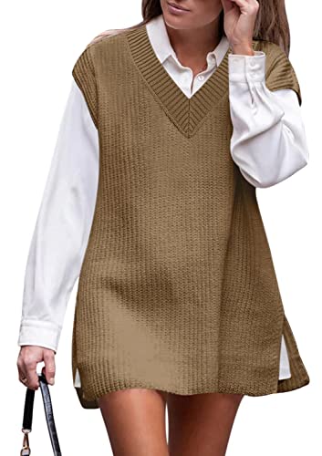 Deep Self V Neck Sweater Vest Oversized Sleeveless Sweater Pullover Fall Knitted Tops For Women Khaki #TOP30