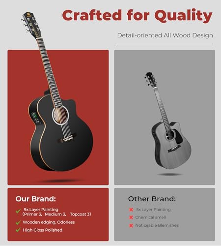 Image of Vangoa 3 /4 Acoustic Electric Guitar Kit for Beginners, 36 Inch Acoustic Cutaway Guitar Junior Size Travel Acustica Guitarra Bundle for Adults, Teens, Upgraded Starter Kit, Black Matte