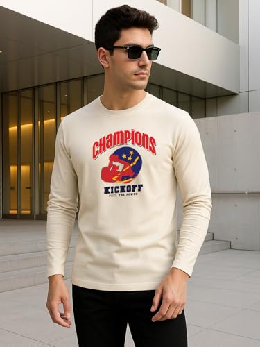 Image of Veirdo Pure Cotton Round Neck Regular Fit Graphic Printed Full Sleeve T-Shirt for Men (Colors- Red, Navy, Black, Swanwhite & White) Sizes: S to 2XL