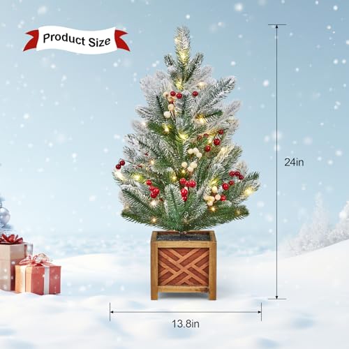24 Inch Pre-lit Mini Christmas Tree with Lights, Small Green Frosted Artificial Tabletop Christmas Trees with Wooden Base, Miniature Pine Christmas Trees Decoration