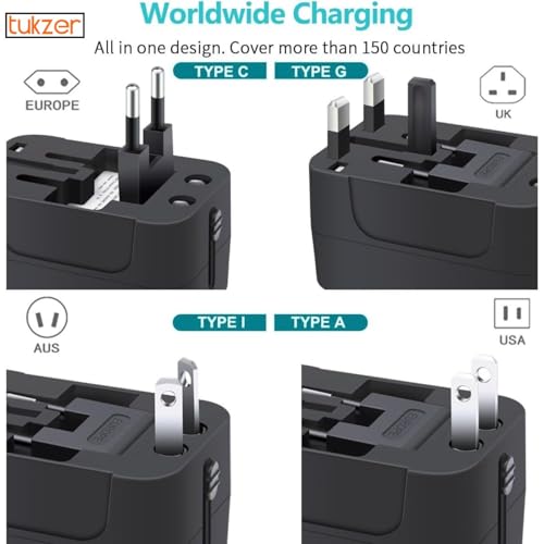 Image of Tukzer Universal Travel Adapter with 20W Type C PD & 18W USB-A Output Port, Universal Plug Socket, All in One International Travel Fast Charging Adapter for Laptop /MacBook & Mobile Charging- Black