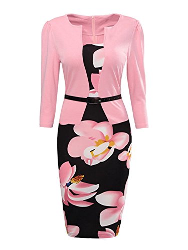 Women Colorblock Wear to Work Business Party Bodycon Dress (Pink,2XL)