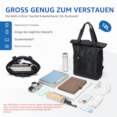 GOLF QUALITY Rolltop Rucksack Damen Herren, Rucksack Tasche 2 in 1 Damen Foldable Handtasche Leichtgewicht Casual Schultertasche Nylon Reiserucksack Arbeit Wander,22L Schwarz