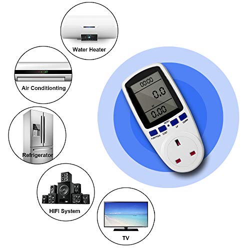 UK Plug Power Meter Energy Monitor Plug Max 13A Electricity Power Consumption Monitor with 7 Monitoring Modes and Large LCD Display