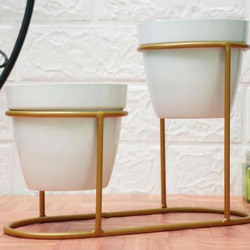Image of UMAI Planter | Desktop Flower Planter | Home Decor Flowers Pot | Balcony Flower Pot | Flower Planter for Office Decor | Double Planter with Golden Stand | White