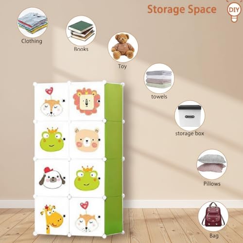 Image of KRISHYAM Kids Modular Storage Cabinet with Cartoon Animal Doors, 8 Cube Plastic Wardrobe Organizer, DIY Closet System with Hanging Rod, Toy & Clothes Storage (Green, 8 Box)
