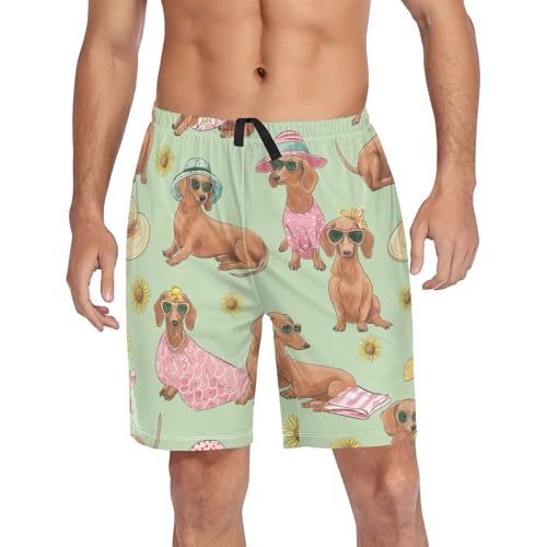 Dachshund Sunflowers Pajama Bottom Shorts for Men Soft Casual Sleep Lounge Shorts with Pockets S-XXL