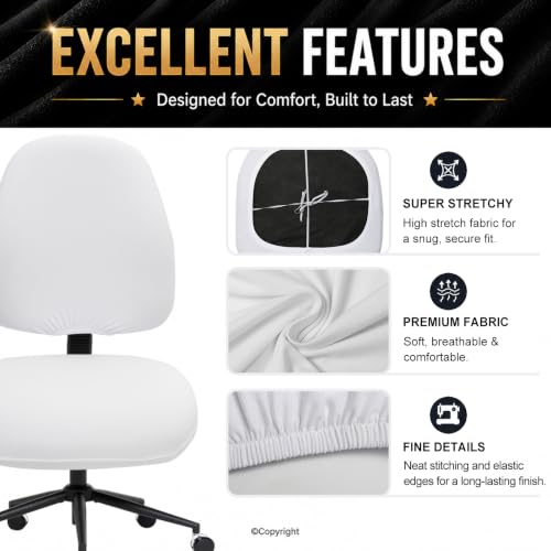 Image of Stretchable Desk Office Chair Seat Covers - Universal Spandex Computer Chair Slipcover - Removable Washable Rotating Backrest Coverings & Cushion Protectors for Dogs, Cats, Pets, White