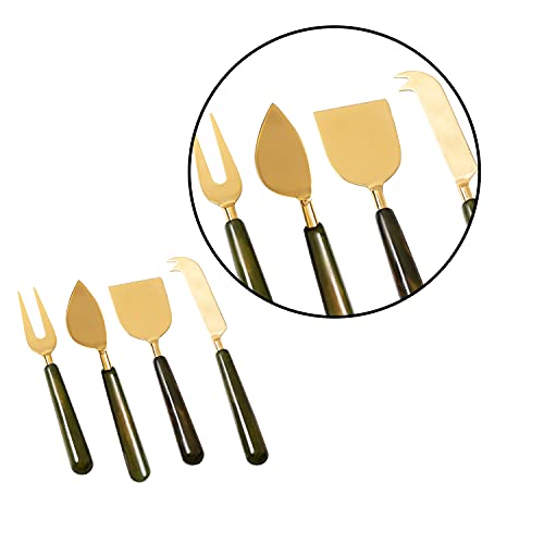 Image of nestroots Cheese Knives Set of 4 Pieces |Cheese,Pizza Cutting & Serving Set with Knife | Heart Knife, Chisel Knife, Serving Fork, Soft Cheese Knife | Stainless Steel with Resin Handles (Gold & Green)