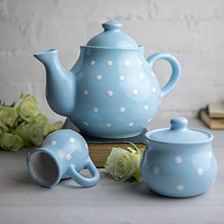 City to Cottage® Jasnoniebieskie i białe kropki ręcznie malowane ręcznie ceramiczne duże 1,7 l / 60 uncji / 4-6 filiżanek dzbanek na mleko zestaw misek z cukrem