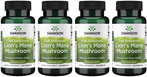 Swanson Lion's Mane Mushroom Capsules - 500 mg Each, 60 Capsules - Herbal Supplement Supporting Cognitive Function (4 Pack)