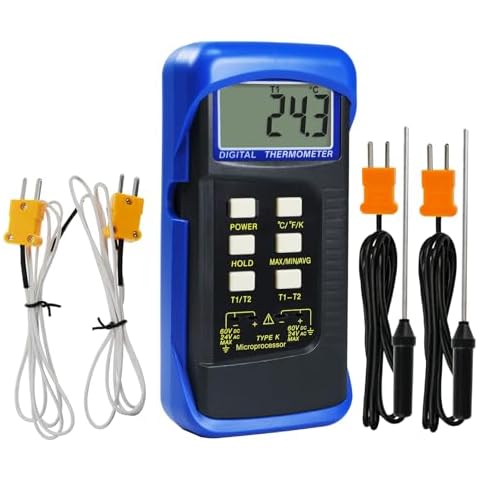 Thermocouple Thermometer Digital K Type Thermometer HVAC Thermometer Dual Temperature Meter with 4 Thermocouples, MAX/MIN/AVG Temperature Measurement, -50~1300°C (-58~2372°F), Blue Cover