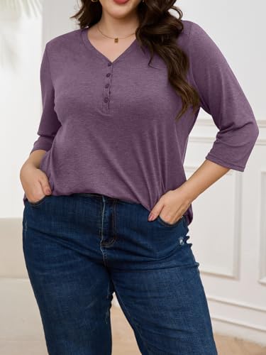 ZDC Women's Plus Size Tops 3/4 Sleeve V Neck T Shirts Button Down Basic Tunic3