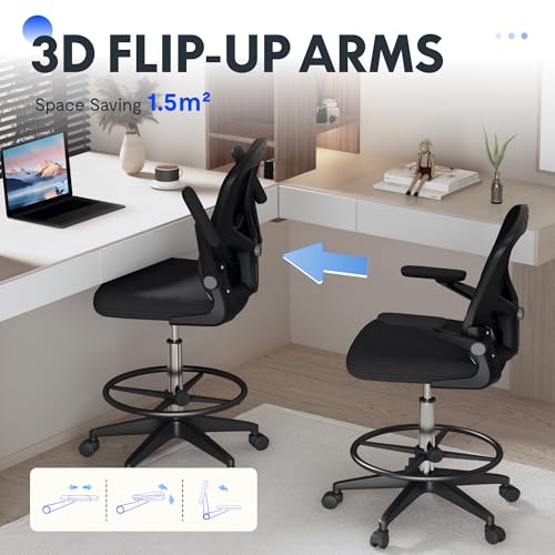 FLEXISPOT Upgraded Drafting Chair Tall Office Chair with 2D Lumbar,3D Flip-up Armrest,Standing Desk Chair with Breathable Mesh Adjustable Foot Ring Stool BIFMA Certified for Home Office,Black
