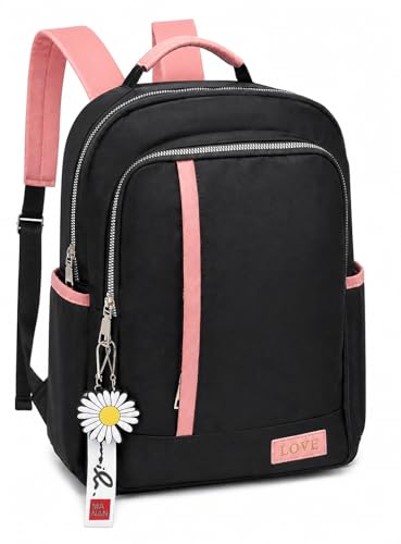 Mochila Feminina Impermeável Média Casual com Bolsos Laterais, Alça Ajustável, Zíper Reforçado e Chaveiro, Ideal para Faculdade, Trabalho, Passeio e Viagem (Preto)