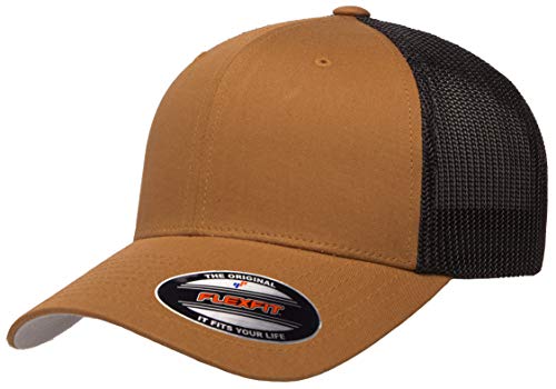 Flexfit unisex adult Trucker Mesh Fitted - 2-tone Cap, Caramel/Black, One Size US