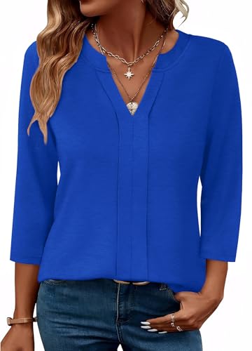 XIEERDUO 3/4 Length Sleeve Womens Tops V Neck Pleated Work Blouses Dressy Casual Summer Tops 2025 Trendy