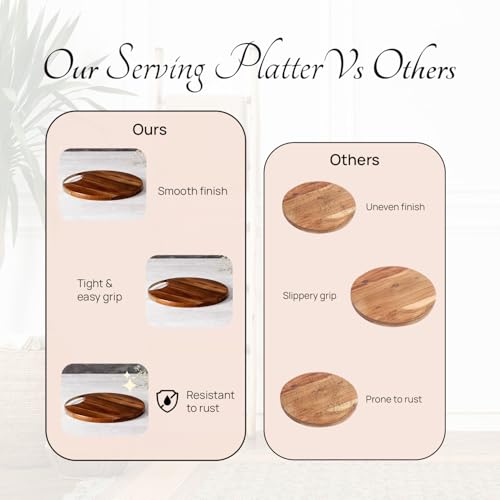 Image of nestroots Wooden platter serving platter sizzler plate for snacks | Round platters for snacks serving plates wooden tray with Black Iron handle (Teak Wood, Brown 14 inch Diameter)