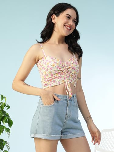 Image of oxolloxo Women Satin Chiffon Print V-Neck Smocked Shoulder Strap Sleeveless Tie-Up Detail Crop Top