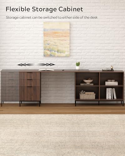 Image of EYYTHUNG L Executive Desk with Storage Cabinet, 60 inch Fluted Modern Flexible Home Office Desk, Large Wood Convertible Computer Standing Up Desk with File Drawer, Writing Desk, Brown
