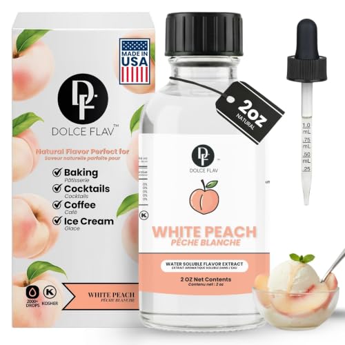 Image of Dolce Flav Natural White Peach Extract 2 oz - Kosher, Sugar-Free, Concentrated Sweet White Peach Flavoring for Beverages, Desserts & Baking, Includes Measured Dropper