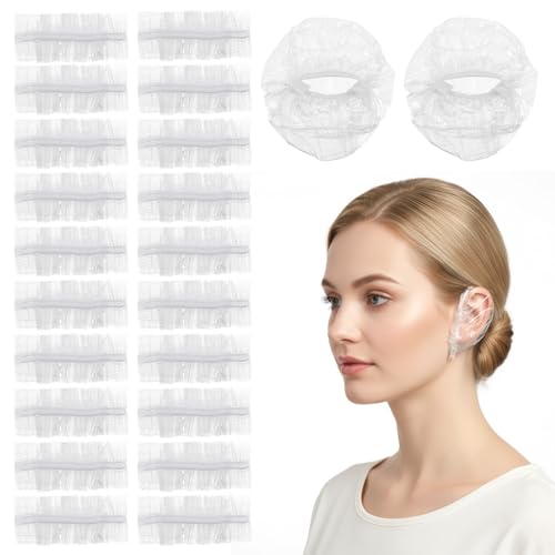 APLZGMG Lot de 200 cache-oreilles jetables, imperméables, transparents, en plastique avec bandes élastiques, pour douche, bain, spa, maison, hôtel, salon de coiffure,...